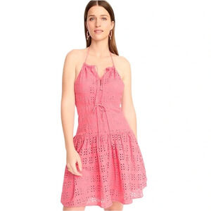 J.Crew Anguilla mini pink eylet linen blend halter dress size 18 NWT